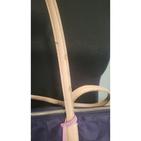 Coach Signature Nylon Tote Bag C1376-24362 Purple Beige Leather Trim Shoulder... - Picture 8 of 11